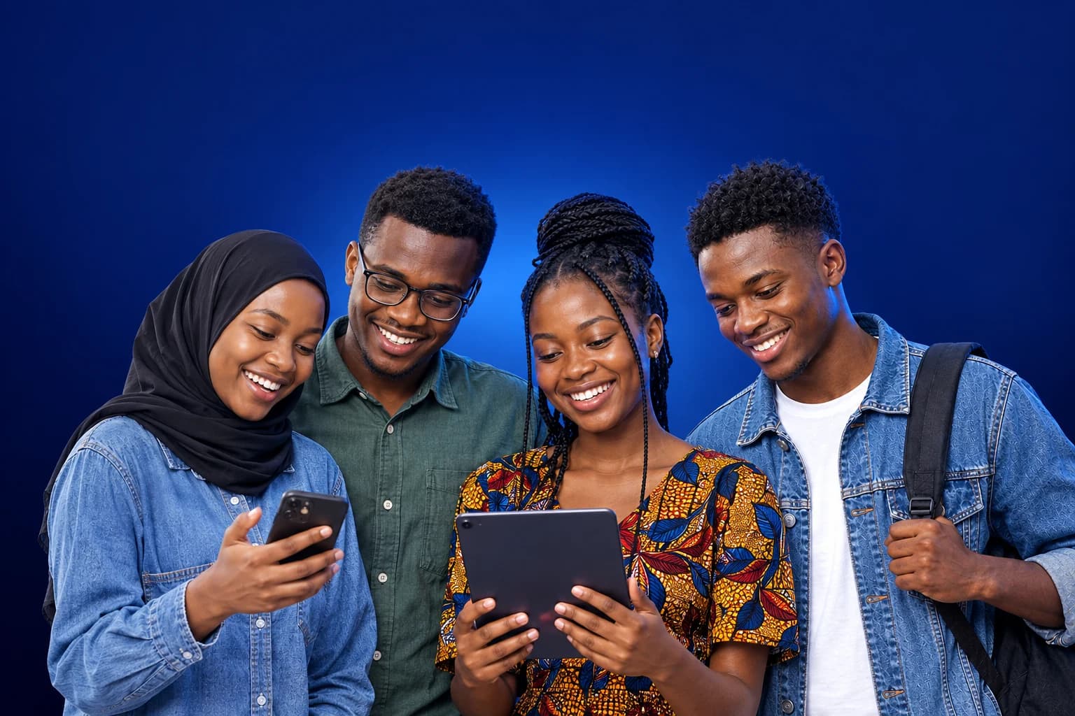 Four young Ugandans smiling at a phone and a tablet together