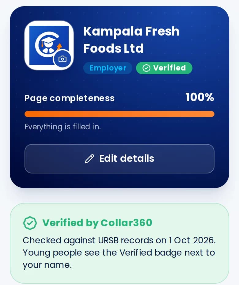 An employer's organisation page on The Collar360, showing the Verified badge