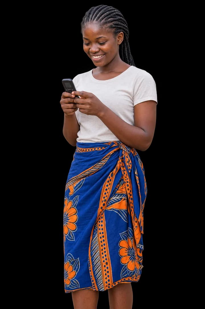 A young woman at her market stall reading The Collar360 menu on a basic button phone
